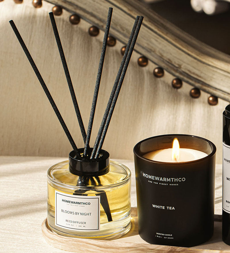 Homewarmthco diffuser and candle on a surface with decorative elements.