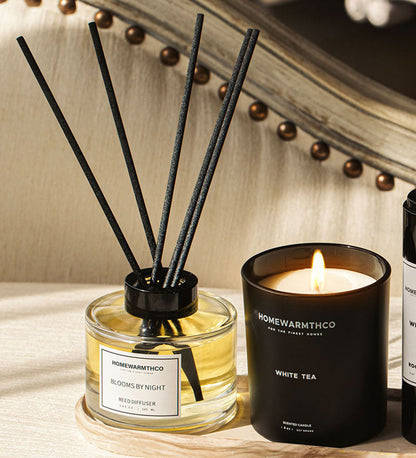 Homewarmthco diffuser and candle on a surface with decorative elements.