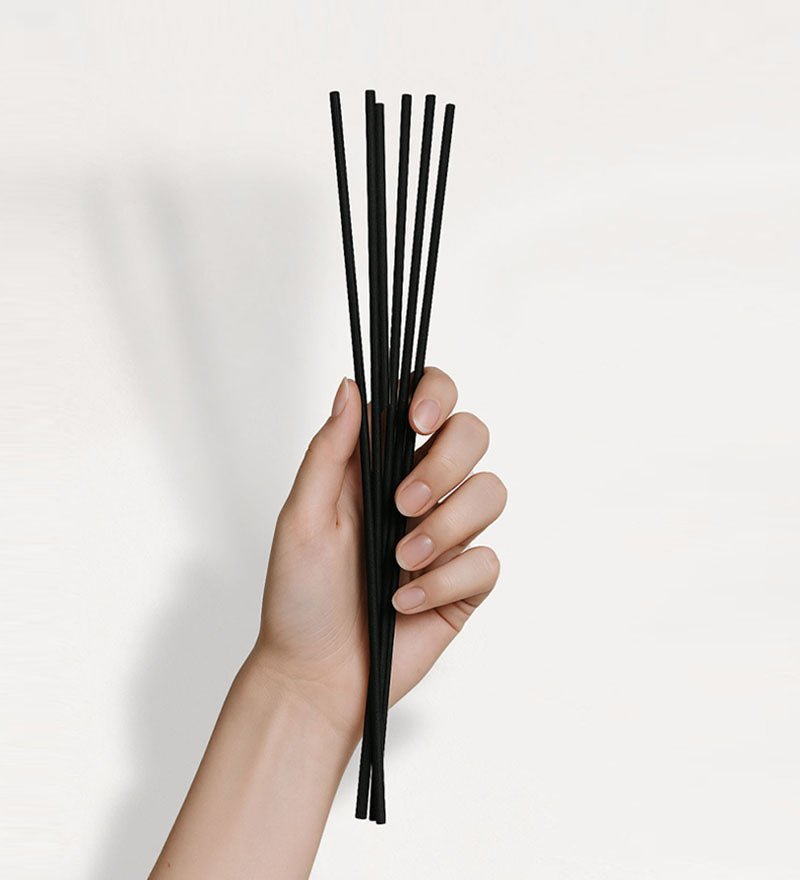 Hand holding a set of black sticks against a light gray background
