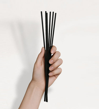Hand holding a set of black sticks against a light gray background