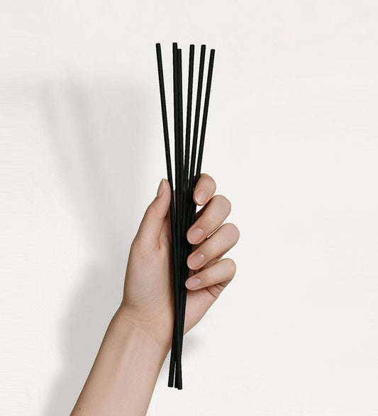 Hand holding a set of black sticks against a light gray background