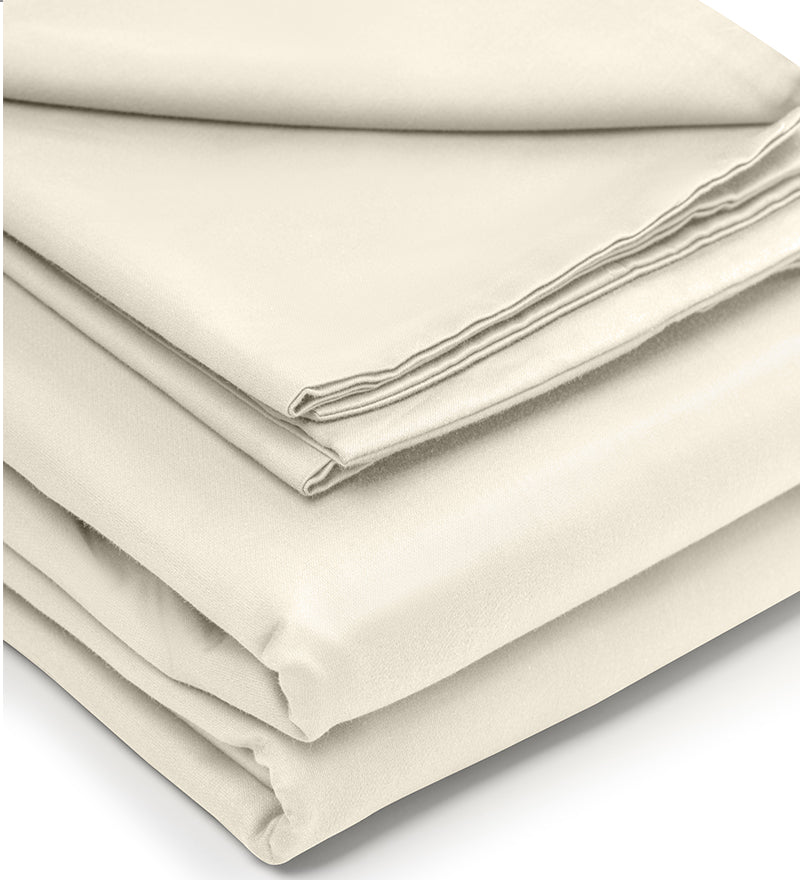A set of beige duvet covers displayed on a white