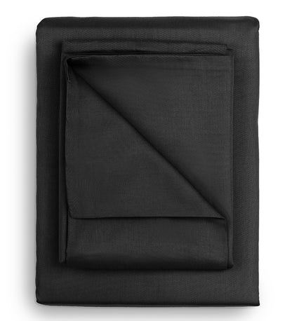 A set of black duvet covers displayed on a white background