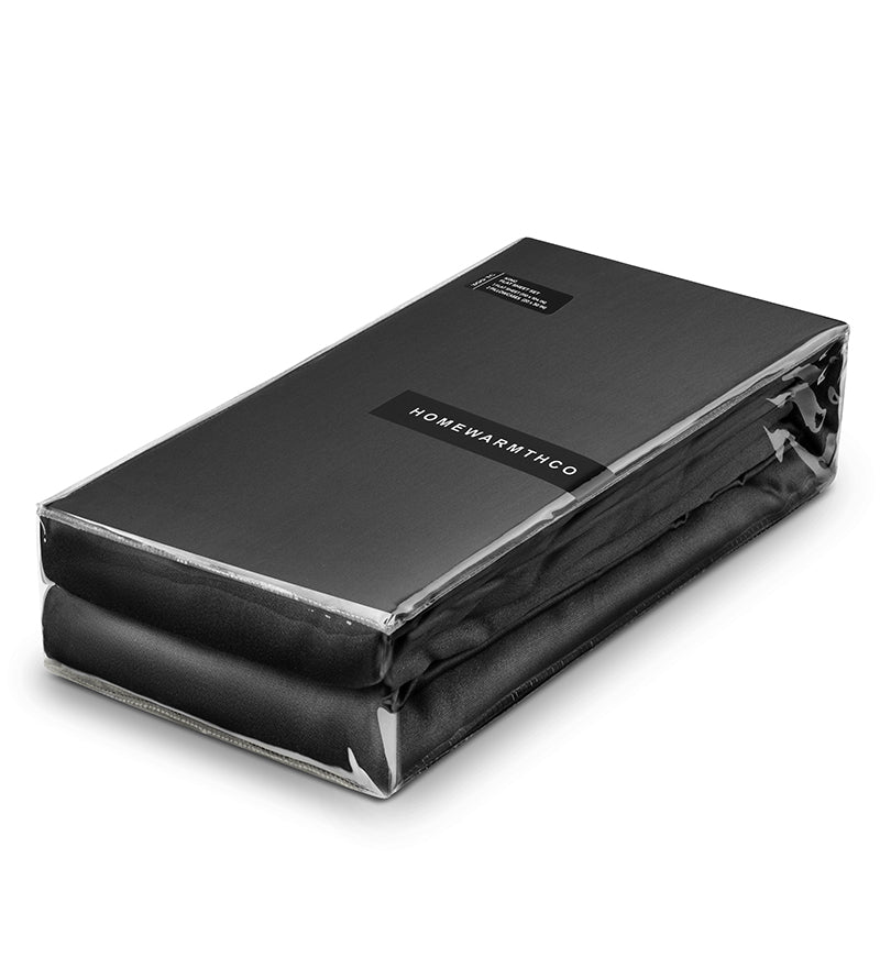 A set of black duvet covers package displayed on a white background