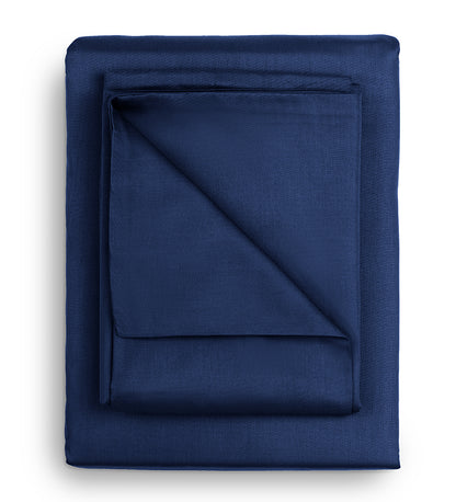 A set of blue duvet covers displayed on a white background